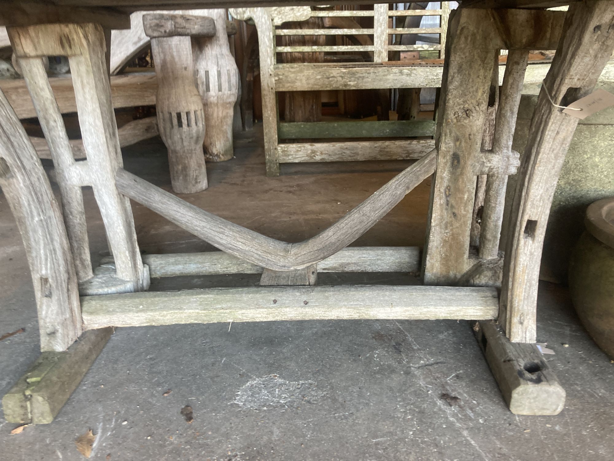 A rustic design rectangular weathered garden table, width 150cm depth 78cm height 70cm